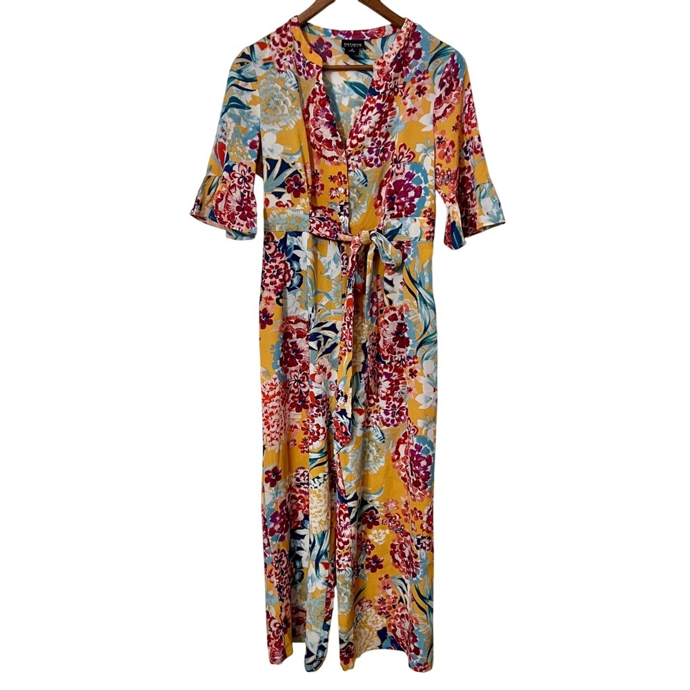 En Focus Studio Women Floral Print Yellow Wide Leg Jumpsuit Size 4 Resort‎ Flowy